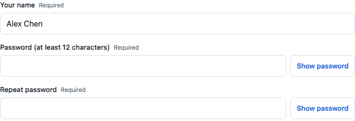 Account creation fields for your name, password and repeated password.