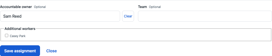 Assignment fields with an Accountable owner, optional Team and Additional workers.