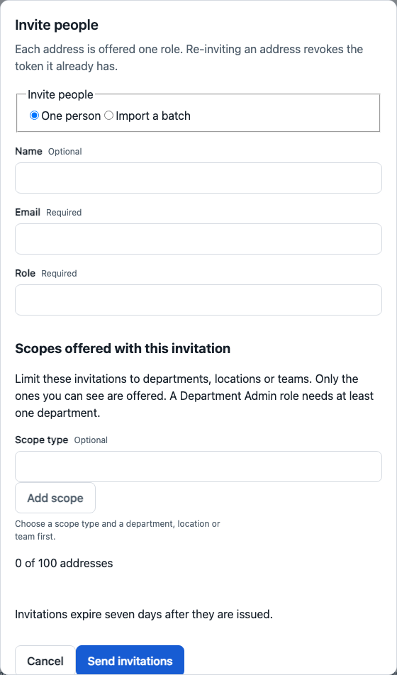 Invite people form with name, email, role and department scope fields.