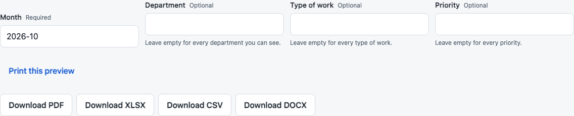 Monthly report filters followed by Download PDF, Download XLSX, Download CSV and Download DOCX buttons.