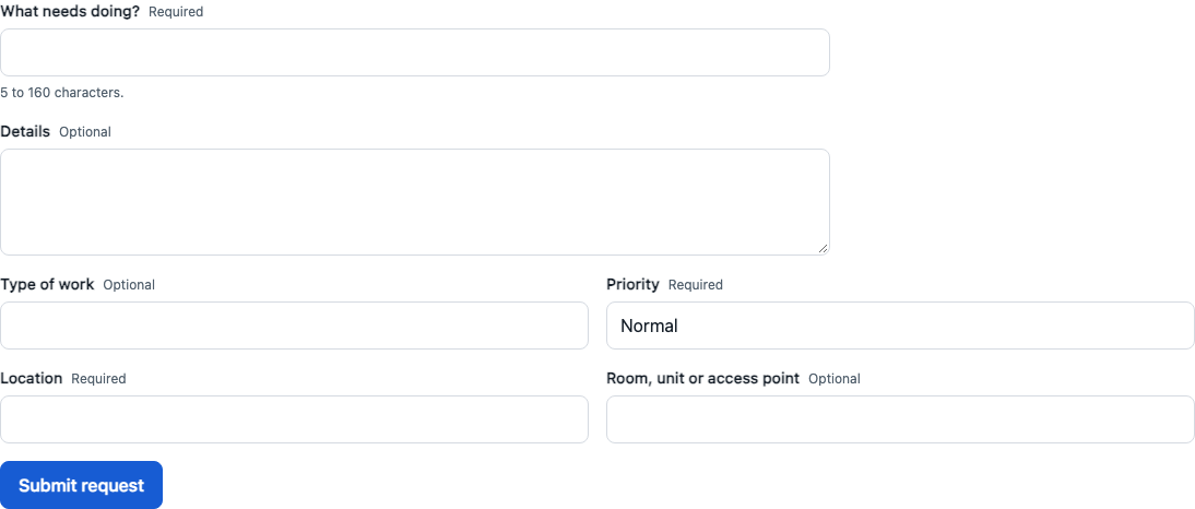 New request form with description, priority, type of work, location and Submit request.