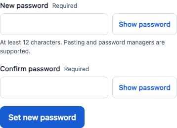 Reset password form with New password, Confirm password and Set new password.