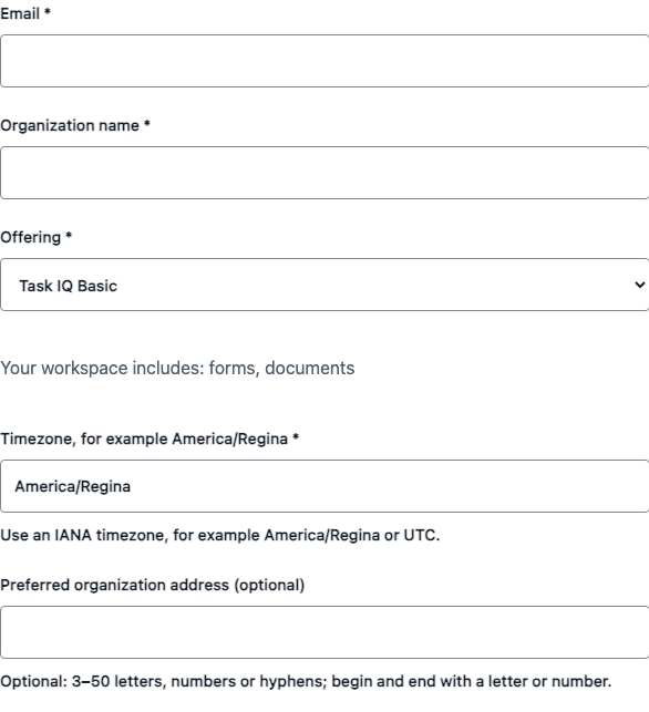 Account details section with email, organization name, workspace option and timezone.